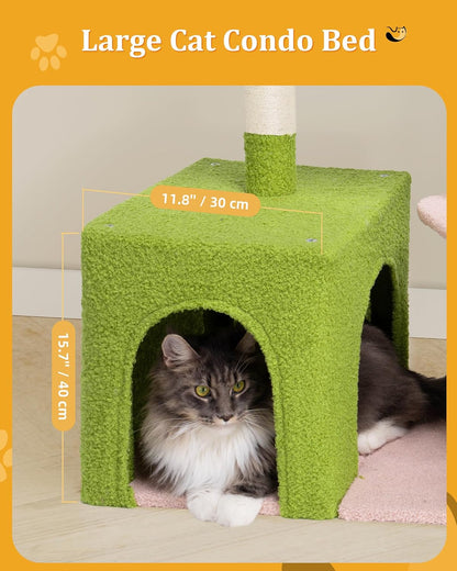 Flower Cat Tree for Indoor Cats,41.2" Cute Cat Tree for Adult Cats | 2-Door Large Cat Condo Cave Bed,Cat Tower with Scratching Posts,Cozy Floral Perch and Hammock for Kittens,Green Pink