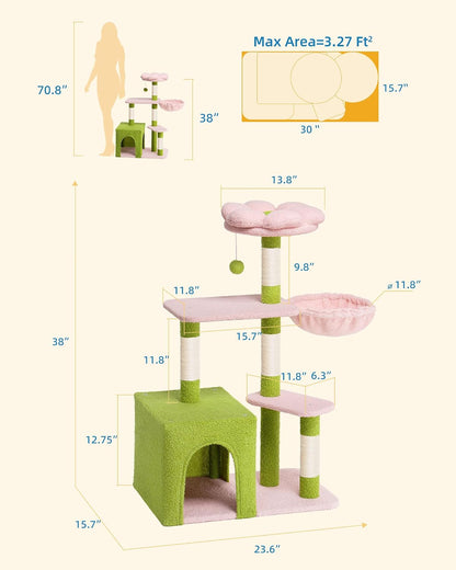Flower Cat Tree for Indoor Cats,41.2" Cute Cat Tree for Adult Cats | 2-Door Large Cat Condo Cave Bed,Cat Tower with Scratching Posts,Cozy Floral Perch and Hammock for Kittens,Green Pink