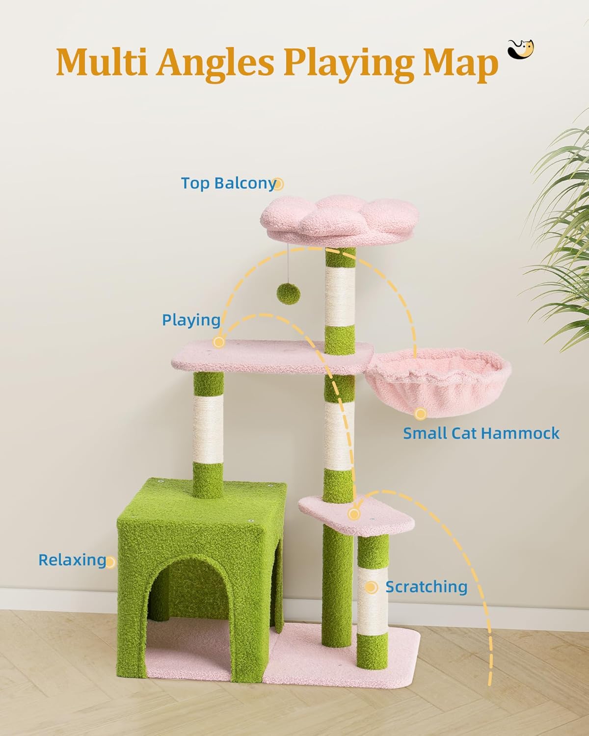 Flower Cat Tree for Indoor Cats,41.2" Cute Cat Tree for Adult Cats | 2-Door Large Cat Condo Cave Bed,Cat Tower with Scratching Posts,Cozy Floral Perch and Hammock for Kittens,Green Pink