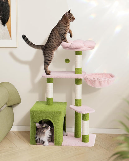Flower Cat Tree for Indoor Cats,41.2" Cute Cat Tree for Adult Cats | 2-Door Large Cat Condo Cave Bed,Cat Tower with Scratching Posts,Cozy Floral Perch and Hammock for Kittens,Green Pink