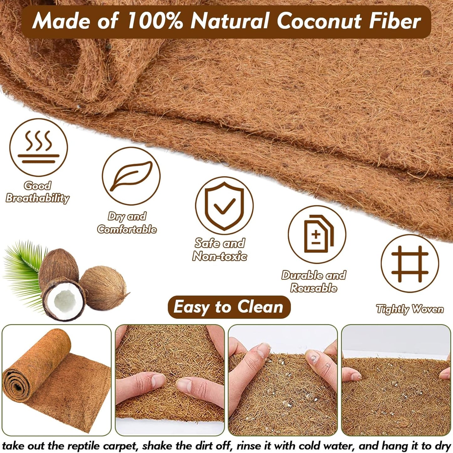 10 Pcs Reptile Carpet, 12X12 inch Natural Coconut Fiber Liner Mat Flooring Accessories for Reptile Tank - Bearded Dragon Tortoise Lizard Turtle Snake Leopard Gecko Substrate Bedding