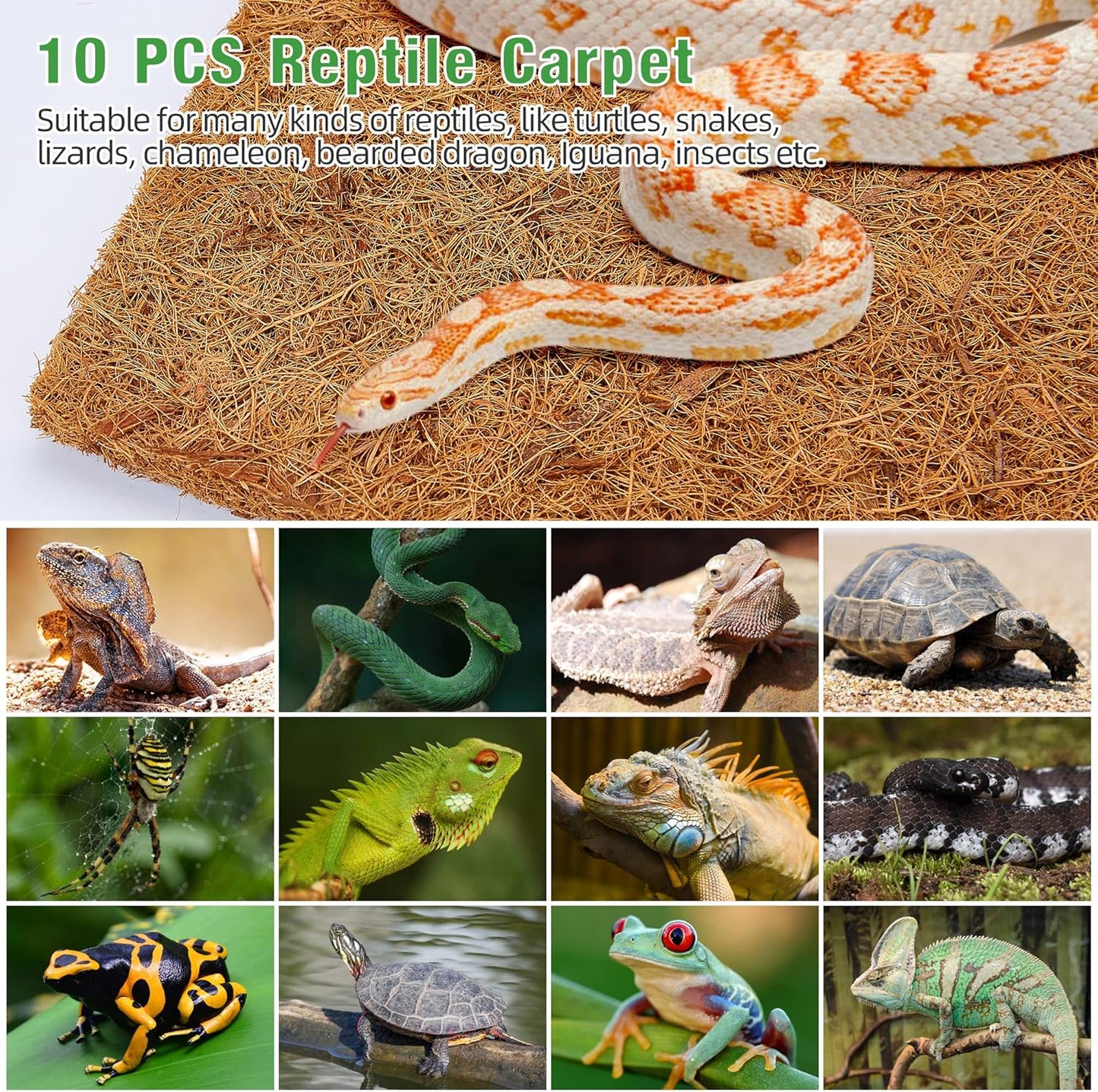 10 Pcs Reptile Carpet, 12X12 inch Natural Coconut Fiber Liner Mat Flooring Accessories for Reptile Tank - Bearded Dragon Tortoise Lizard Turtle Snake Leopard Gecko Substrate Bedding