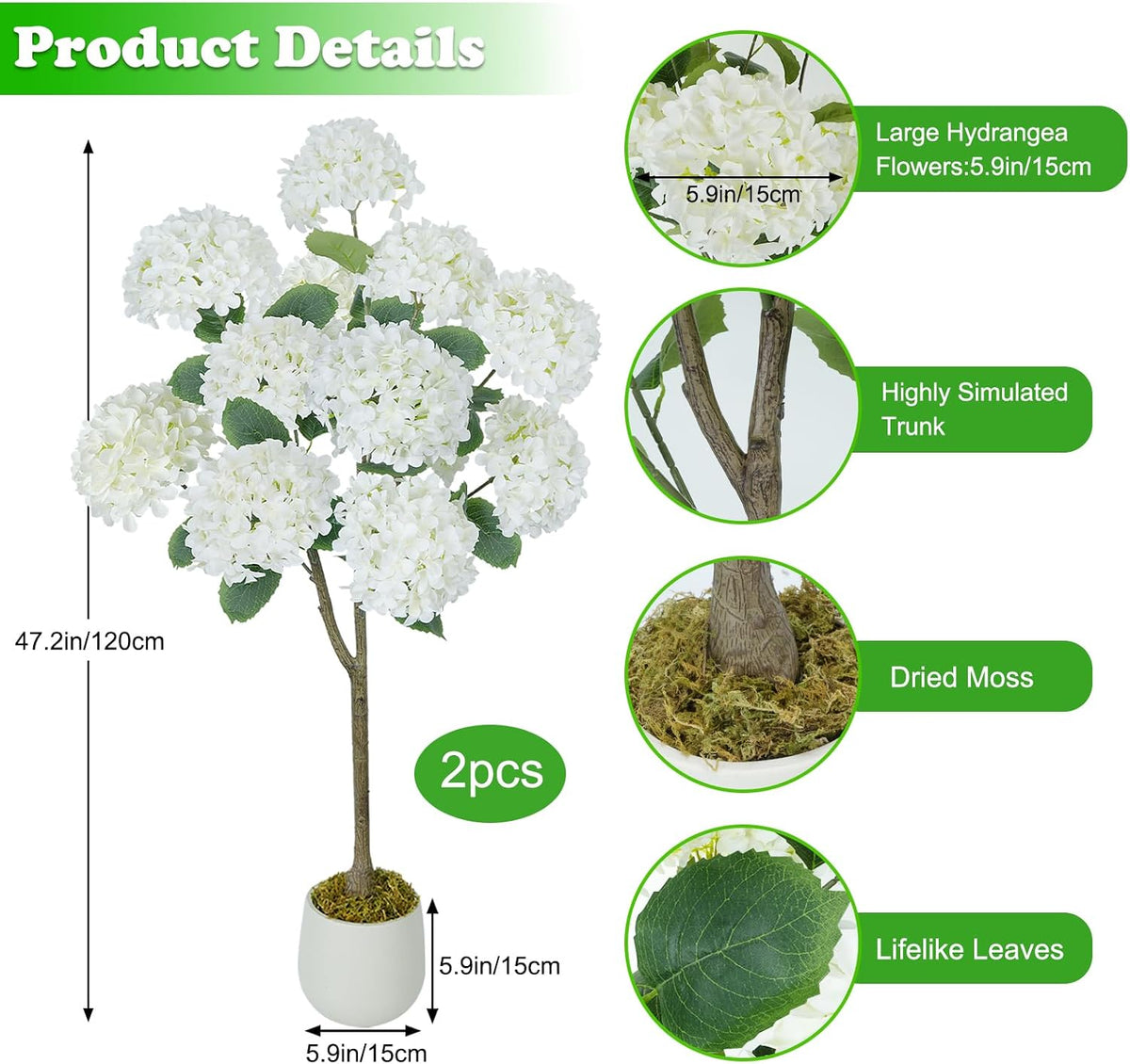 2 Pcs 4Ft Artificial Hydrangea Tree Potted Plants, Fake Flowers Tree