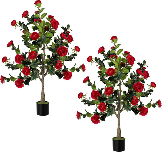 4FT Artificial Camellia Tree 2 Pack 47" Faux Camellia Plant with Black Pot, Realistic Leaves and Silk Floral Blooming for Indoor Outdoor Home Office Porch Decor, Yellow