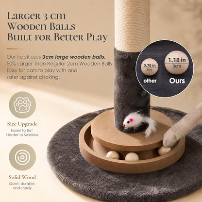 47" Cat Scratching Post, Nature Sisal Rope Cat Scratcher Tree, Durable Scratcher Post with Hanging Ball, Mouse Hole & Ball Track, 3-Layer Stable Wood Base for Large Cats & Adult Cats