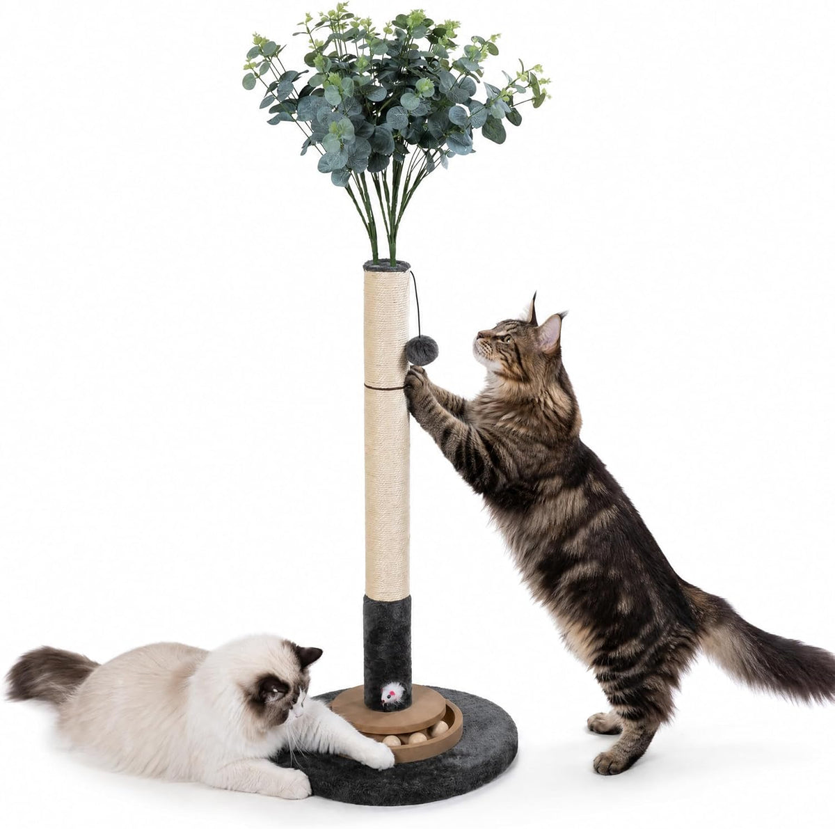 47" Cat Scratching Post, Nature Sisal Rope Cat Scratcher Tree, Durable Scratcher Post with Hanging Ball, Mouse Hole & Ball Track, 3-Layer Stable Wood Base for Large Cats & Adult Cats