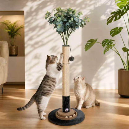 47" Cat Scratching Post, Nature Sisal Rope Cat Scratcher Tree, Durable Scratcher Post with Hanging Ball, Mouse Hole & Ball Track, 3-Layer Stable Wood Base for Large Cats & Adult Cats