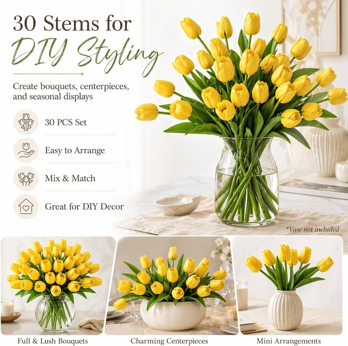 30PCS Artificial Tulip Flowers, Real Touch Soft Tulips for Home Decorations