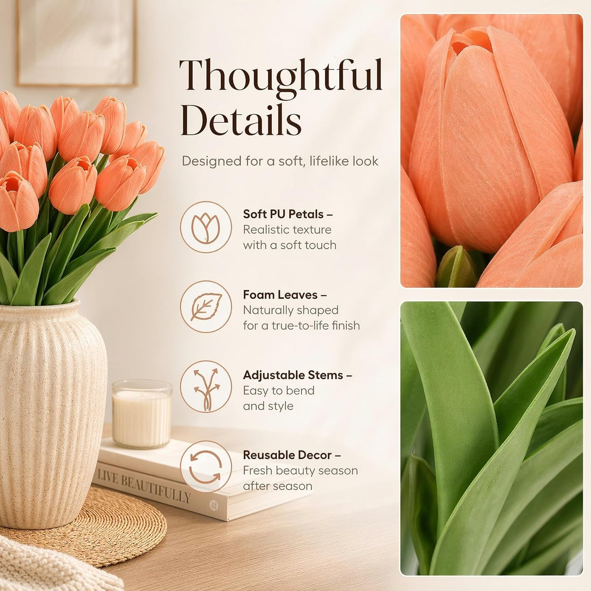30PCS Artificial Tulip Flowers, Real Touch Soft Tulips for Home Decorations