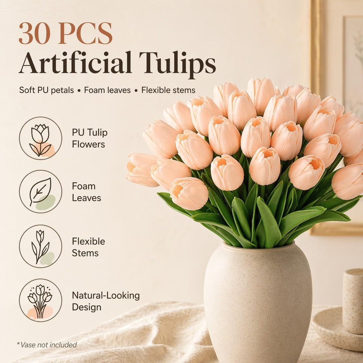 30PCS Artificial Tulip Flowers, Real Touch Soft Tulips for Home Decorations