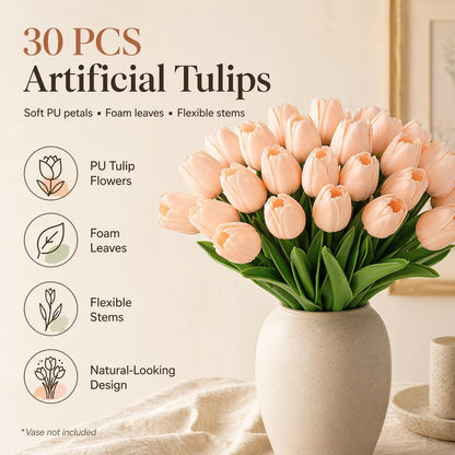 30PCS Artificial Tulip Flowers, Real Touch Soft Tulips for Home Decorations