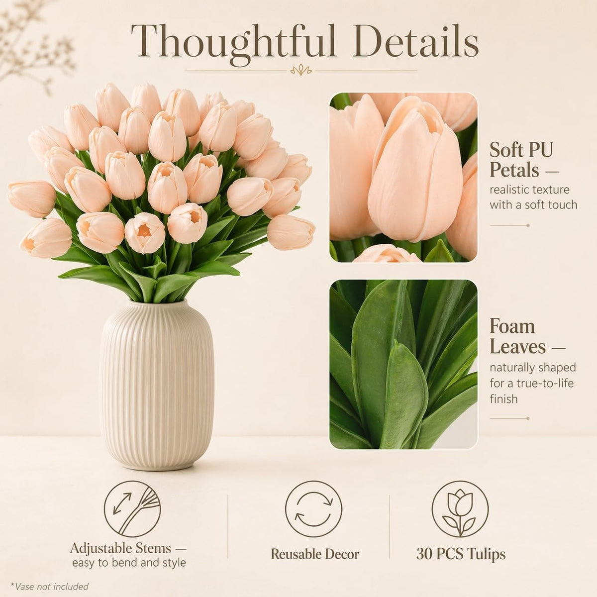 30PCS Artificial Tulip Flowers, Real Touch Soft Tulips for Home Decorations