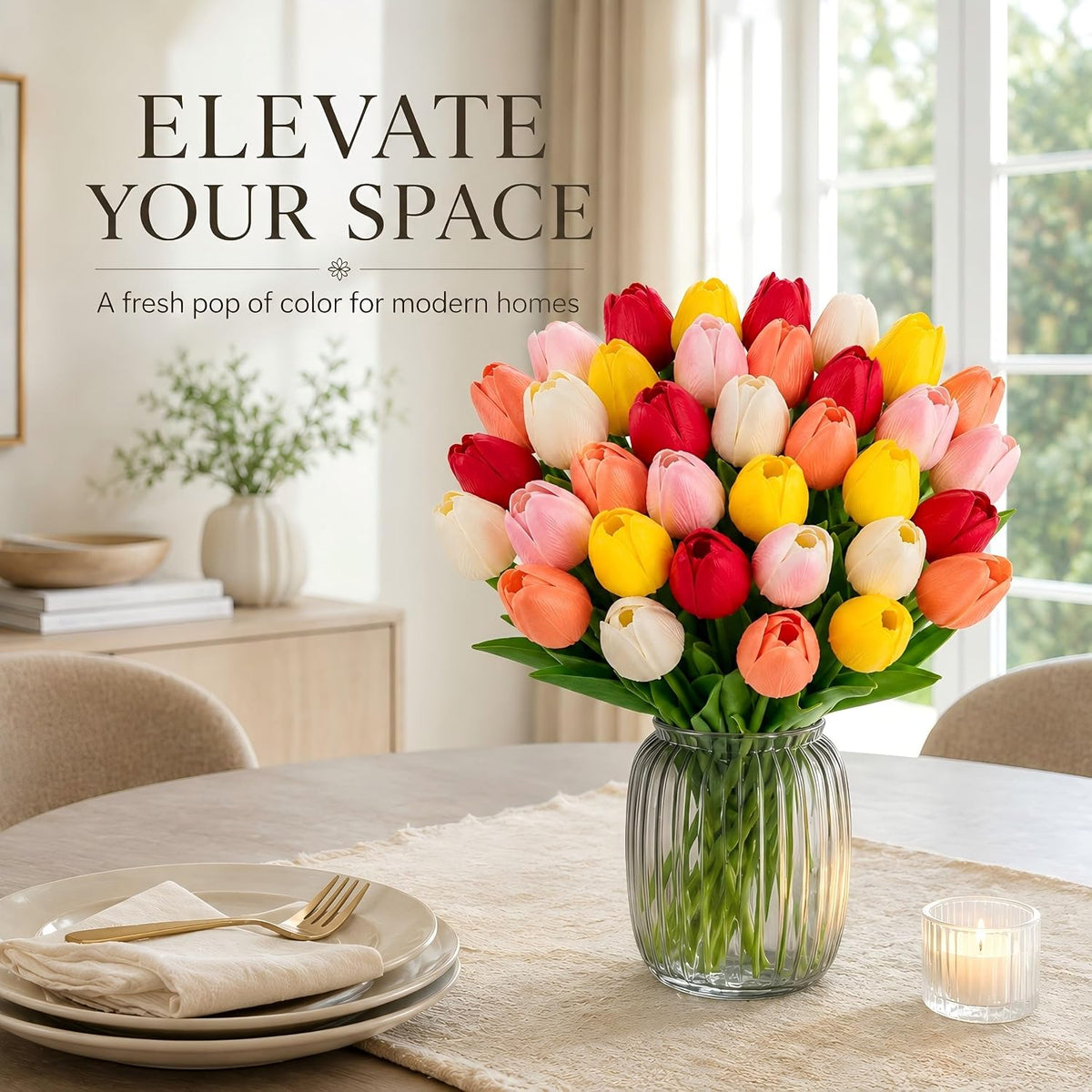 30PCS Artificial Tulip Flowers, Real Touch Soft Tulips for Home Decorations