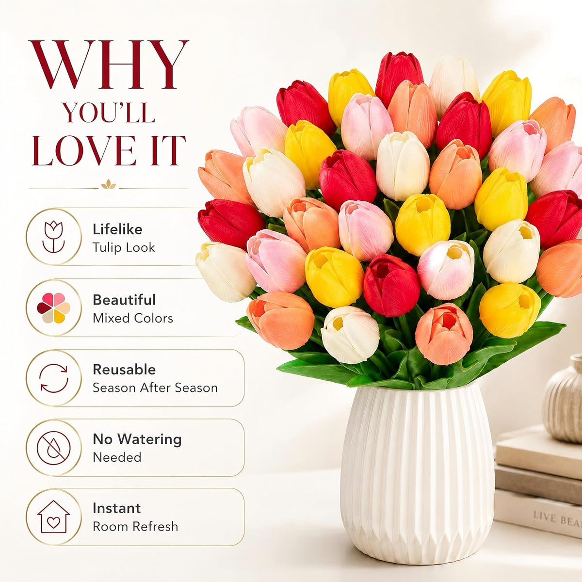 30PCS Artificial Tulip Flowers, Real Touch Soft Tulips for Home Decorations