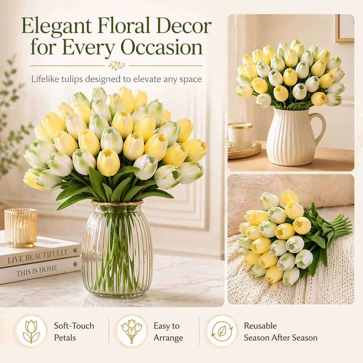 30PCS Artificial Tulip Flowers, Real Touch Soft Tulips for Home Decorations