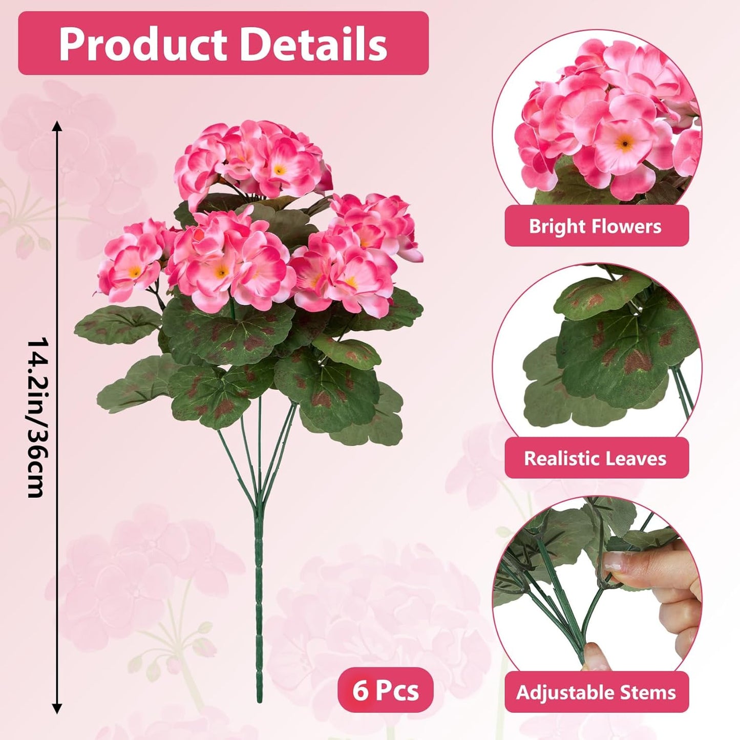 Artificial Flowers for Outdoors, 6 Pcs Red Fake Geraniums | UV resistant, silk flowers, realistic artificial geraniums, planter window box balcony outdoor garden outside decoration