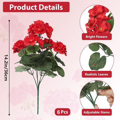 Artificial Flowers for Outdoors, 6 Pcs Red Fake Geraniums | UV resistant, silk flowers, realistic artificial geraniums, planter window box balcony outdoor garden outside decoration