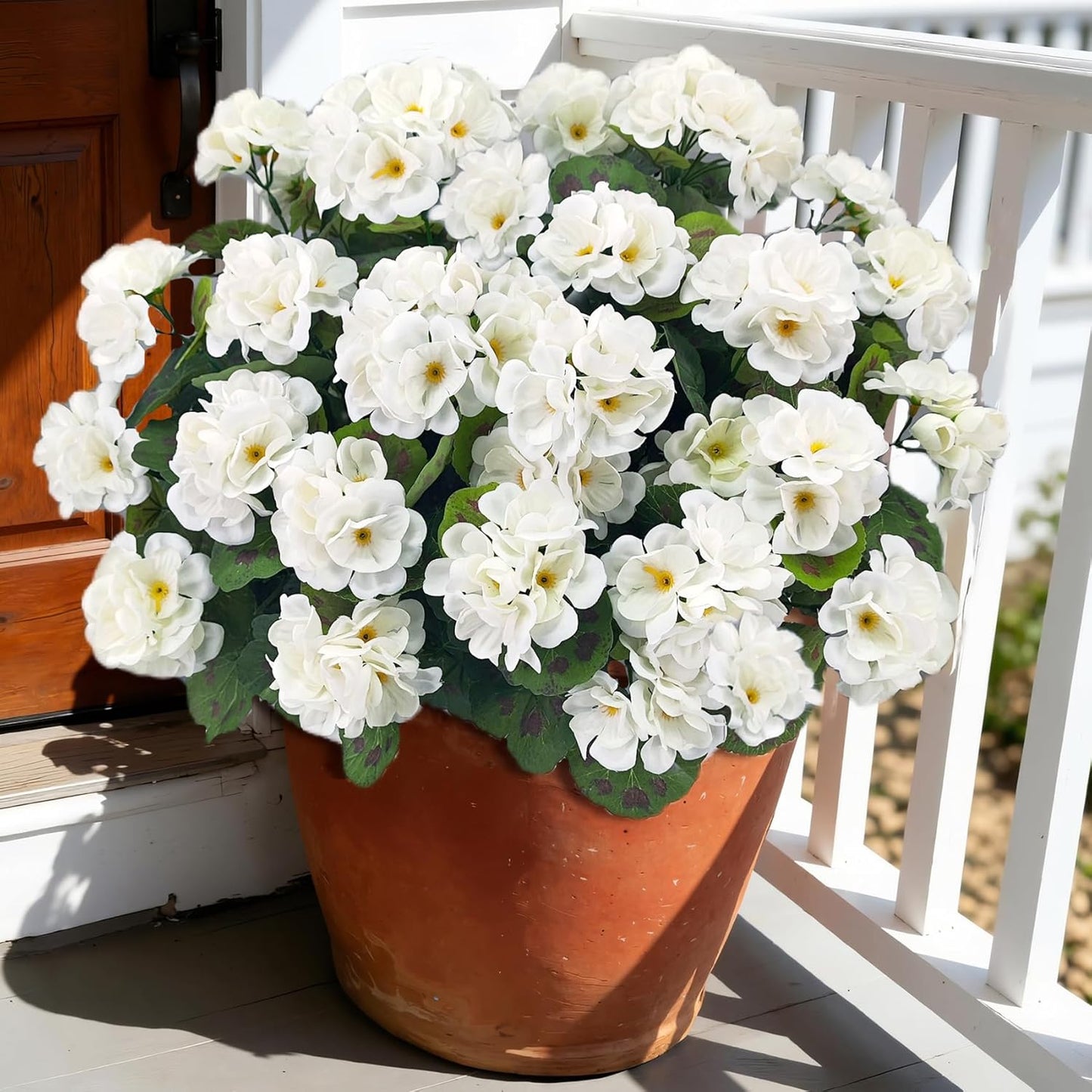 Artificial Flowers for Outdoors, 6 Pcs Red Fake Geraniums | UV resistant, silk flowers, realistic artificial geraniums, planter window box balcony outdoor garden outside decoration