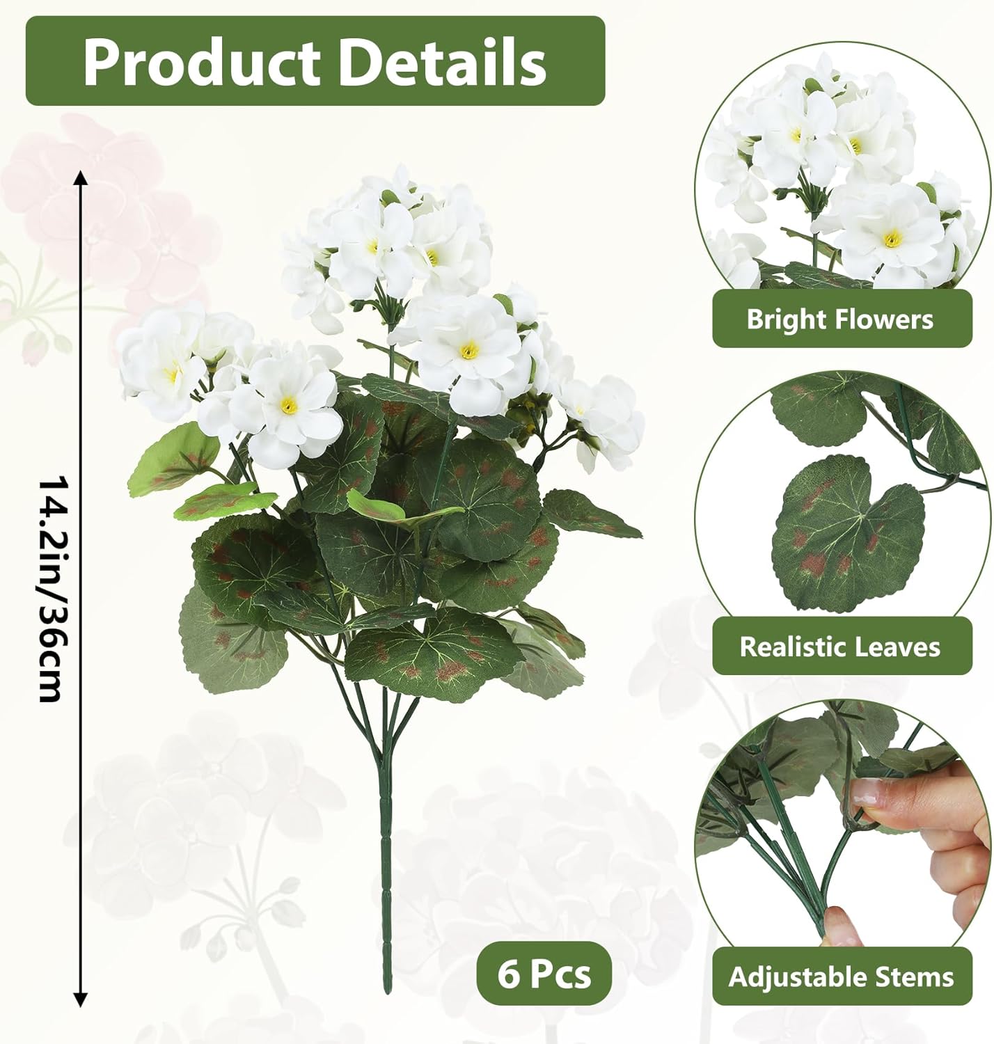 Artificial Flowers for Outdoors, 6 Pcs Red Fake Geraniums | UV resistant, silk flowers, realistic artificial geraniums, planter window box balcony outdoor garden outside decoration