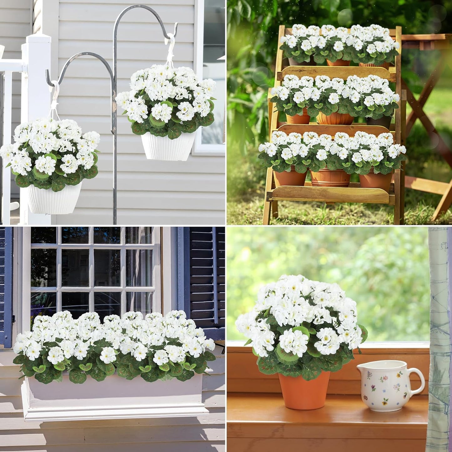 Artificial Flowers for Outdoors, 6 Pcs Red Fake Geraniums | UV resistant, silk flowers, realistic artificial geraniums, planter window box balcony outdoor garden outside decoration