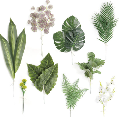 Artificial Greenery Spray Box Set(Pack of 30pcs) with 9 Kinds of Filler for Safari Jungle Hawaiian Luau Party Table Decoration Wedding Birthday Theme Party Decorations (Palm Leaves)