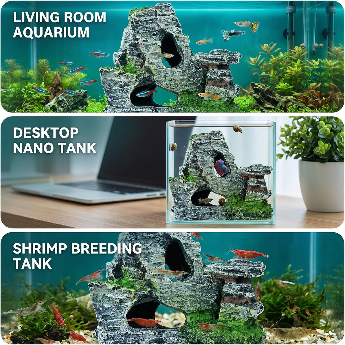 Artificial Moss Rock Cave Aquarium Decor, Fish Tank Hideout, Mountain Terrain Ornament