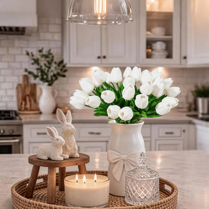 White Tulips Artificial Flowers 18Pcs Faux Silk Tulip Real Touch Tulip Fake Flowers Bouquets Arrangements for Mother's Day Easter Spring Flowers Gifts Home Table Decor