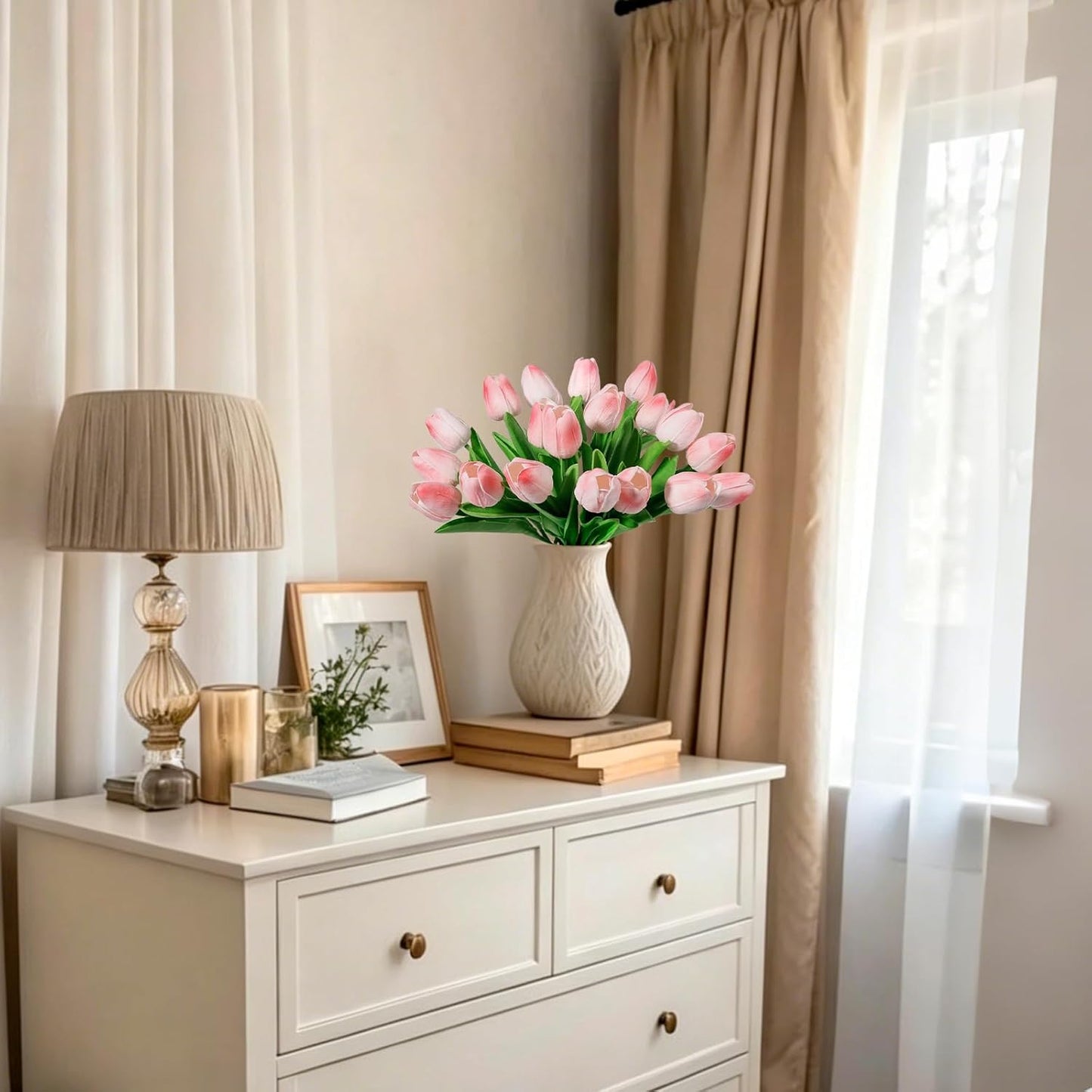White Tulips Artificial Flowers 18Pcs Faux Silk Tulip Real Touch Tulip Fake Flowers Bouquets Arrangements for Mother's Day Easter Spring Flowers Gifts Home Table Decor