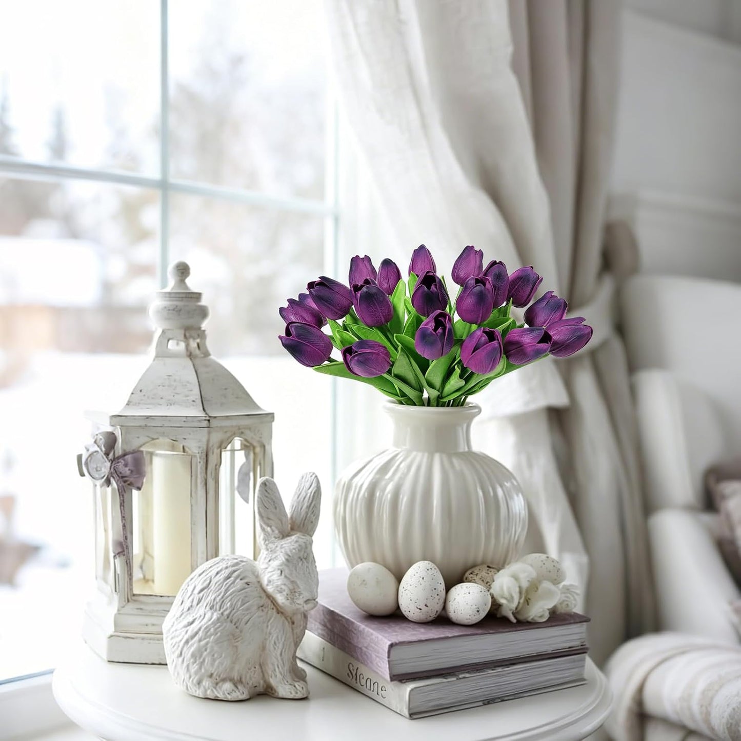 White Tulips Artificial Flowers 18Pcs Faux Silk Tulip Real Touch Tulip Fake Flowers Bouquets Arrangements for Mother's Day Easter Spring Flowers Gifts Home Table Decor