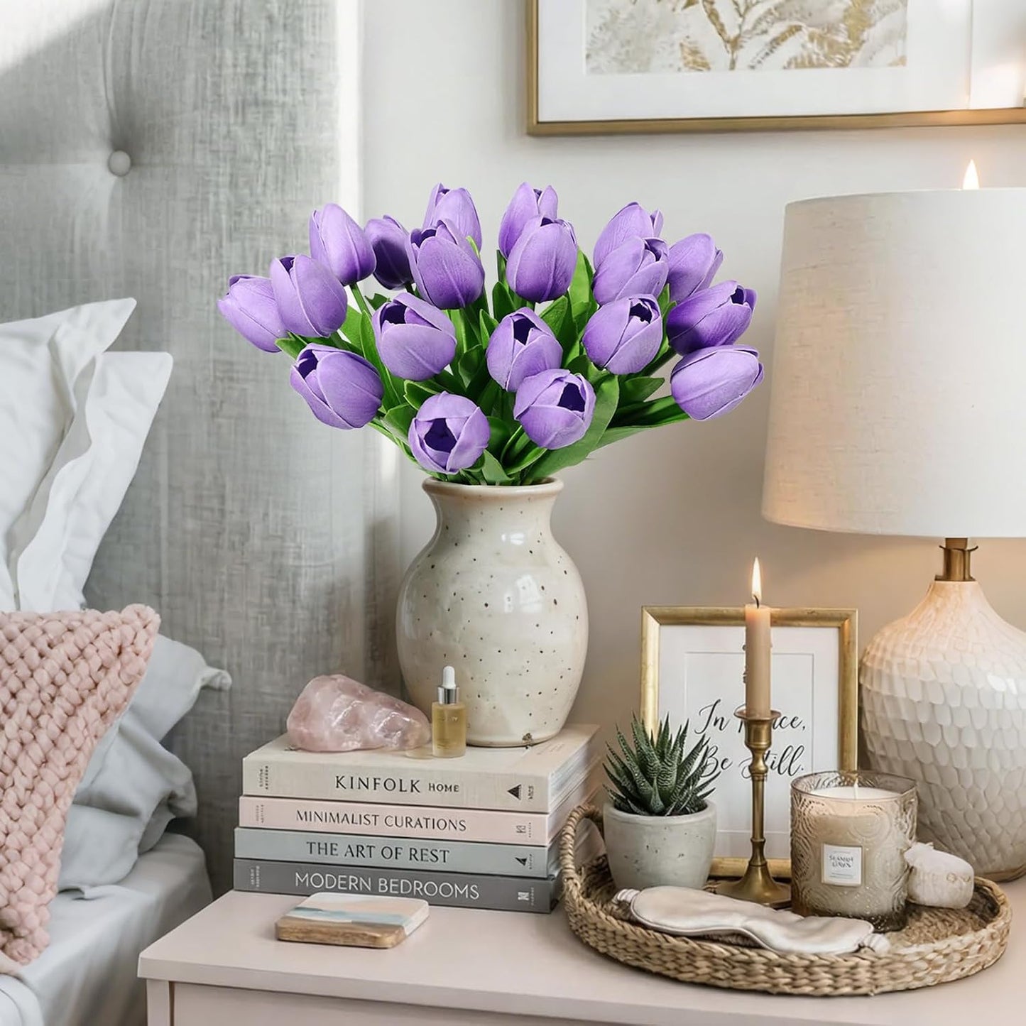 White Tulips Artificial Flowers 18Pcs Faux Silk Tulip Real Touch Tulip Fake Flowers Bouquets Arrangements for Mother's Day Easter Spring Flowers Gifts Home Table Decor