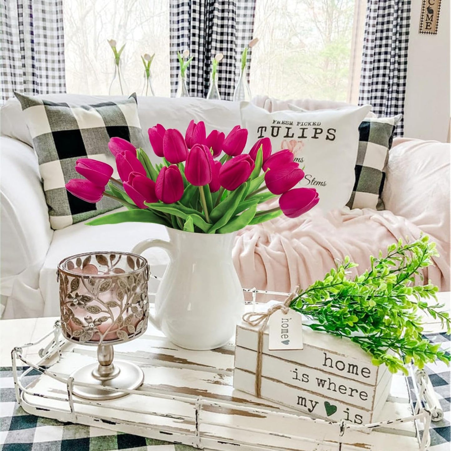 White Tulips Artificial Flowers 18Pcs Faux Silk Tulip Real Touch Tulip Fake Flowers Bouquets Arrangements for Mother's Day Easter Spring Flowers Gifts Home Table Decor