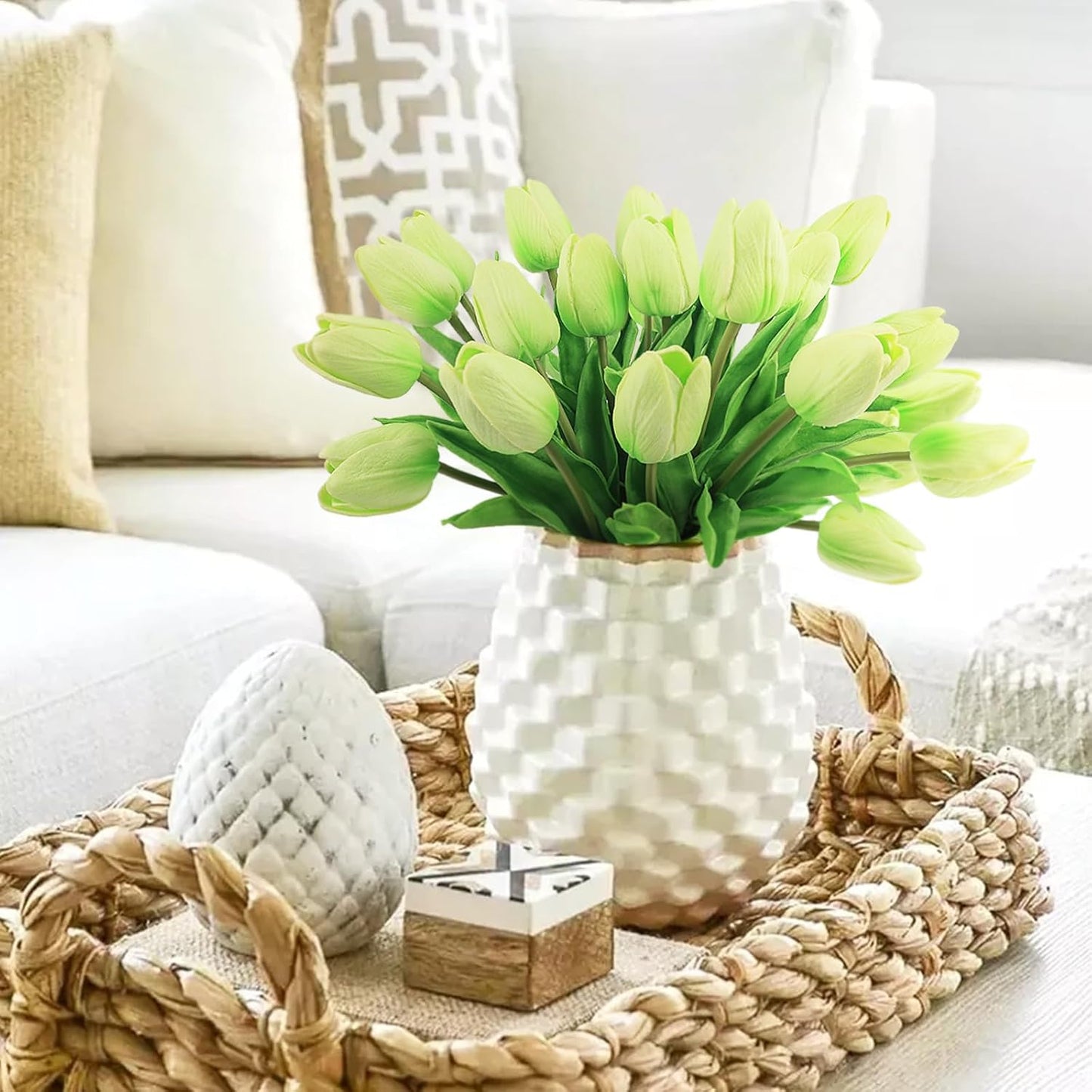 White Tulips Artificial Flowers 18Pcs Faux Silk Tulip Real Touch Tulip Fake Flowers Bouquets Arrangements for Mother's Day Easter Spring Flowers Gifts Home Table Decor