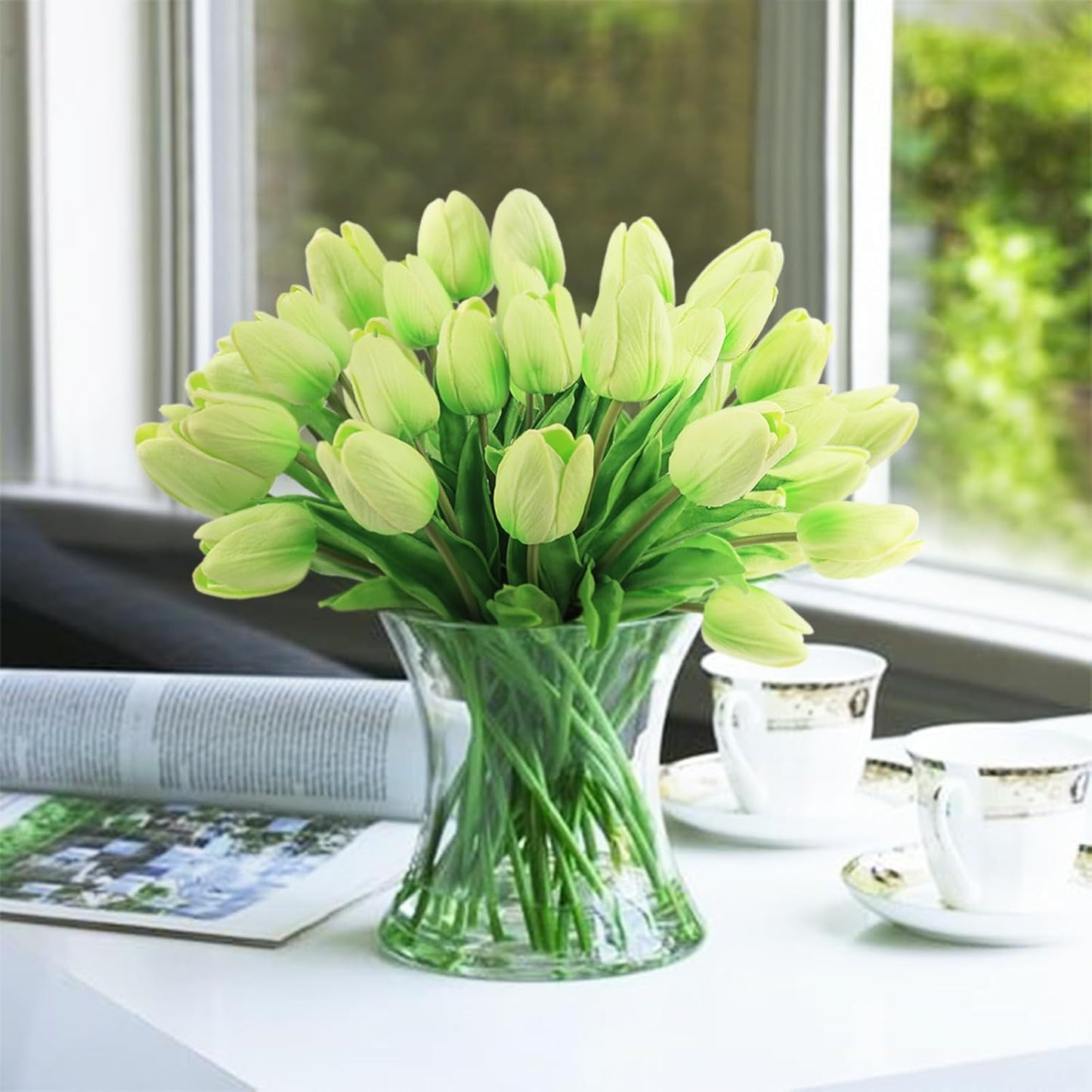 White Tulips Artificial Flowers 18Pcs Faux Silk Tulip Real Touch Tulip Fake Flowers Bouquets Arrangements for Mother's Day Easter Spring Flowers Gifts Home Table Decor