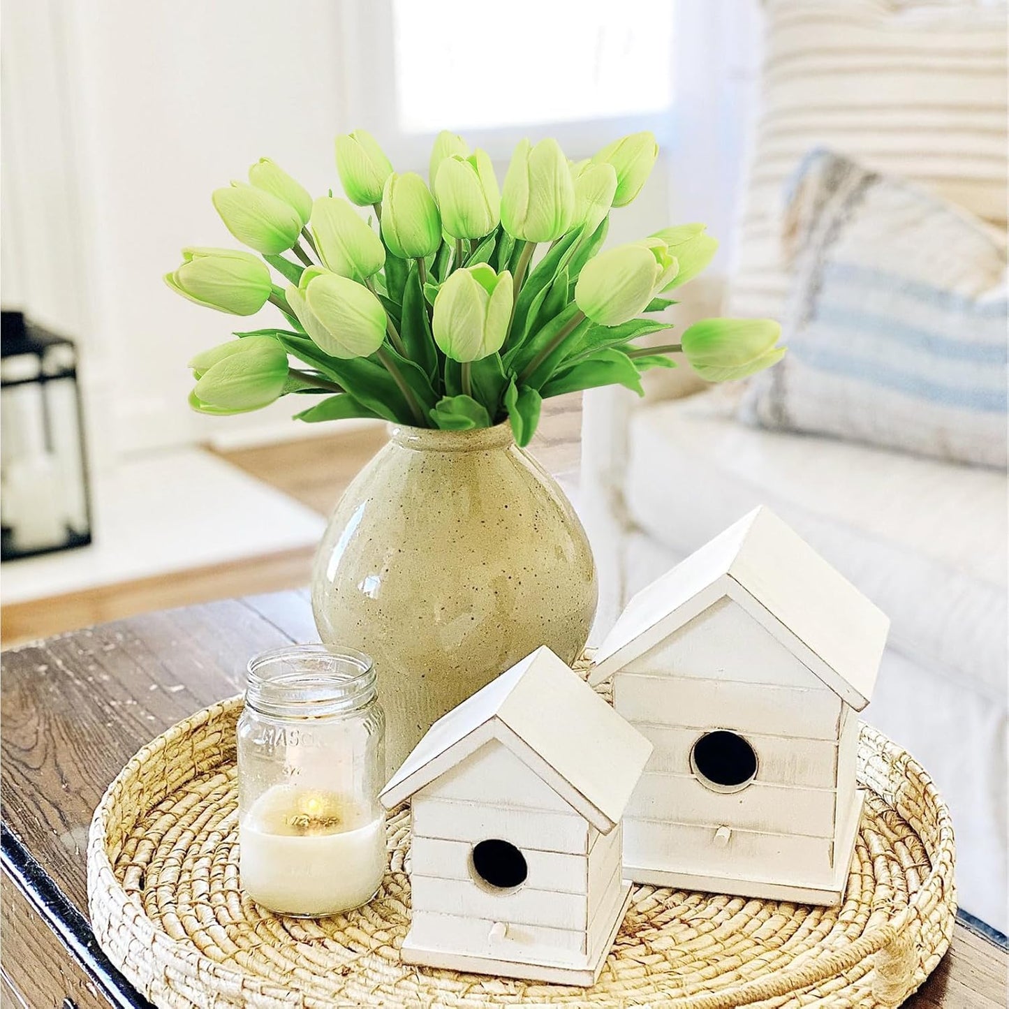 White Tulips Artificial Flowers 18Pcs Faux Silk Tulip Real Touch Tulip Fake Flowers Bouquets Arrangements for Mother's Day Easter Spring Flowers Gifts Home Table Decor