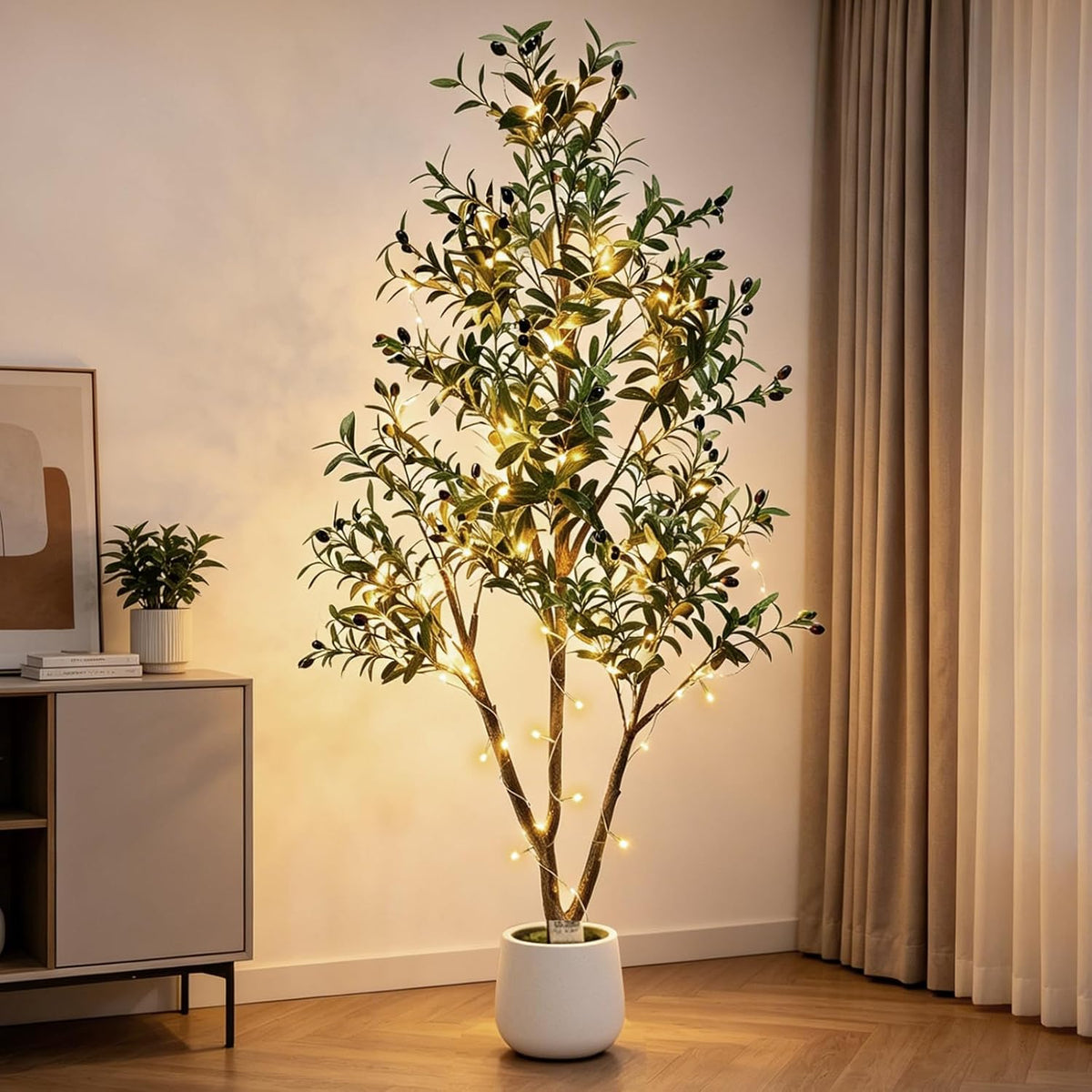 6FT Artificial Olive Tree with Lights & Planter, Realistic Faux Olive Plant