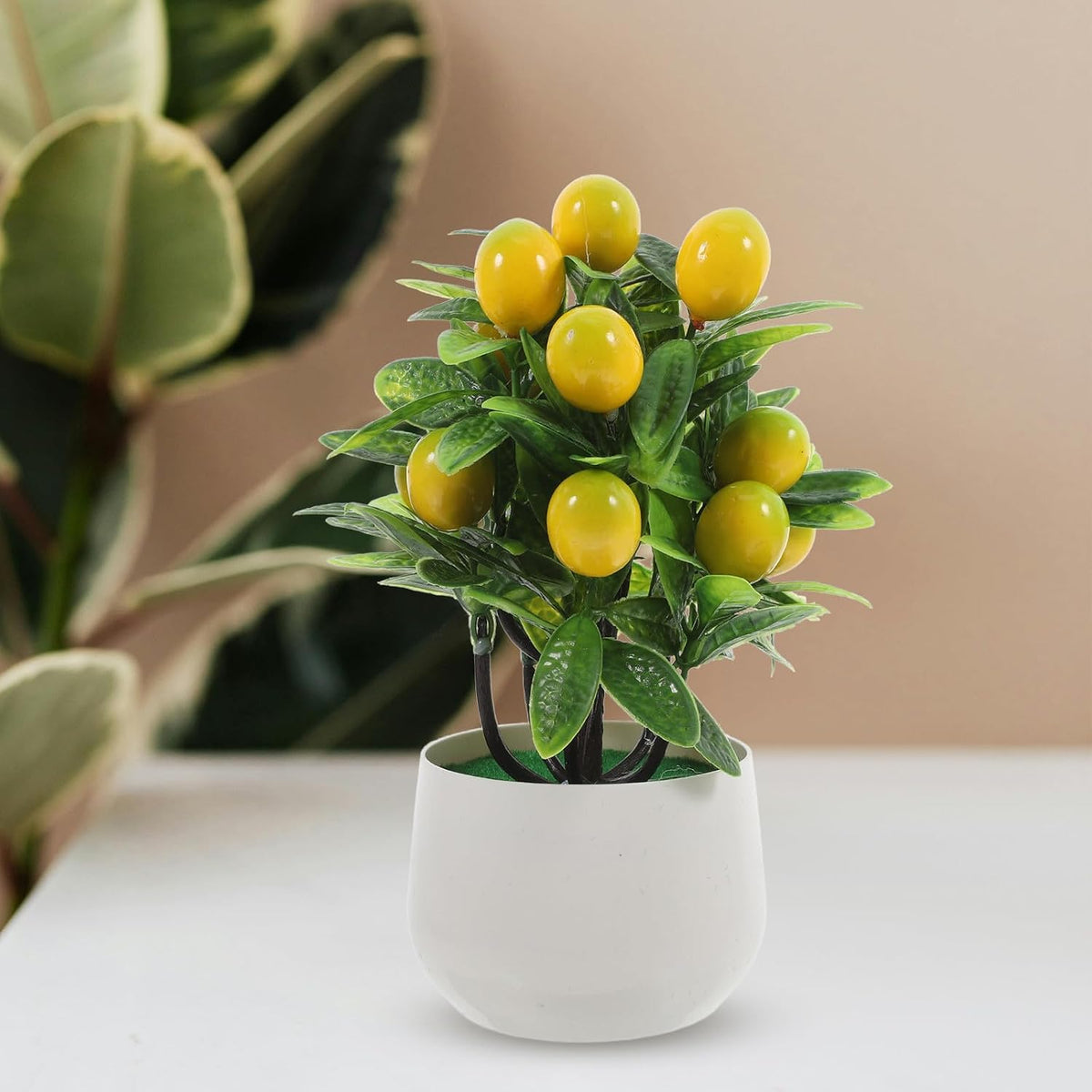 Realistic Artificial Pomegranate Tree with Green Leaves and White Pot, Maintenance-Free Faux Fruit Tree for Home Decor and Desktop Adornment, Made of Sturdy Abs, PVC, and Foam