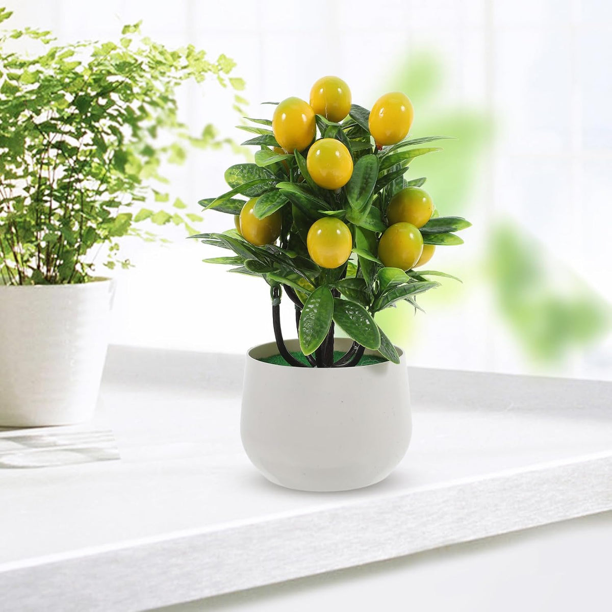 Realistic Artificial Pomegranate Tree with Green Leaves and White Pot, Maintenance-Free Faux Fruit Tree for Home Decor and Desktop Adornment, Made of Sturdy Abs, PVC, and Foam