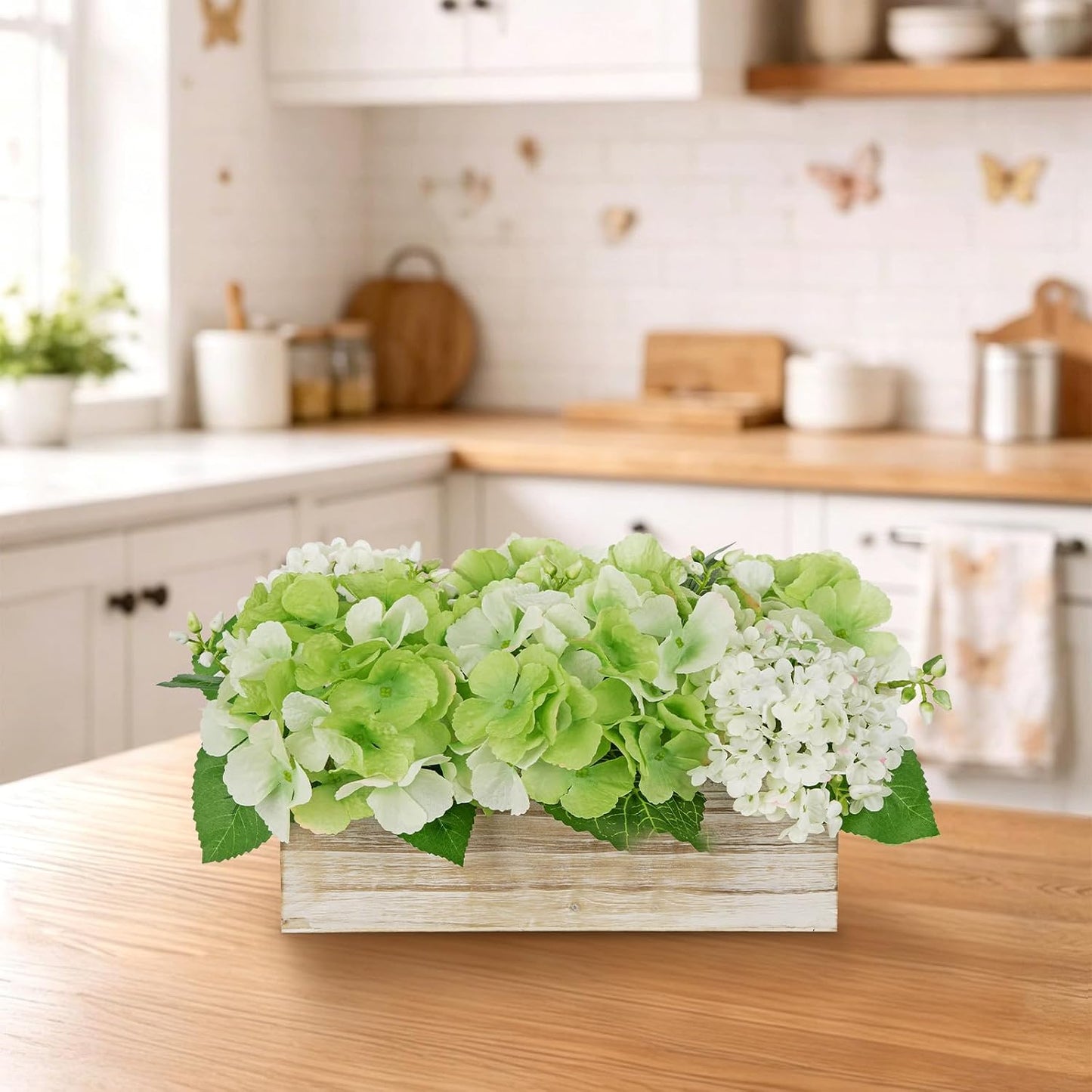 White Hydrangea Artificial Flowers Arrangement in Wooden Planter Pot, Fake Hydrangea Flowers with Rectangular Box Vase, Silk Floral Centerpiece for Dining Room, Coffee Table, Kitchen, Windowsill Decor
