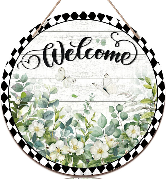 Summer Welcome Sign Wreaths for Front Door Wooden Buffalo Plaid Door Hanger for Outdoor Indoor Outside Porch Farmhouse Home Window Wall Hanging Decoration, 11.81 Inch(Geranium Flower)