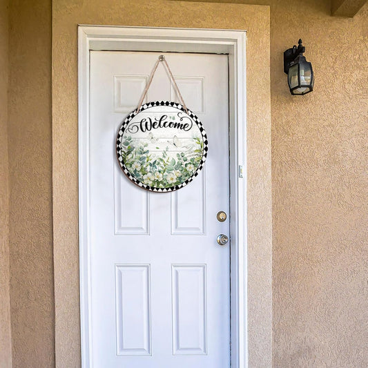 Summer Welcome Sign Wreaths for Front Door Wooden Buffalo Plaid Door Hanger for Outdoor Indoor Outside Porch Farmhouse Home Window Wall Hanging Decoration, 11.81 Inch(Geranium Flower)