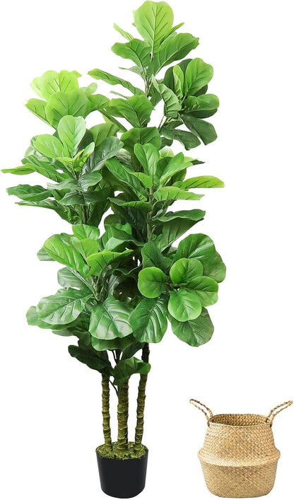 Artificial Fiddle Leaf Fig Tree,6 FT Tall Artificial Tree with Woven Seagrass Plant Basket Fake Floor Plant in Pot for Home Decor Living Room Indoor Outdoor Office Bedroom Decor