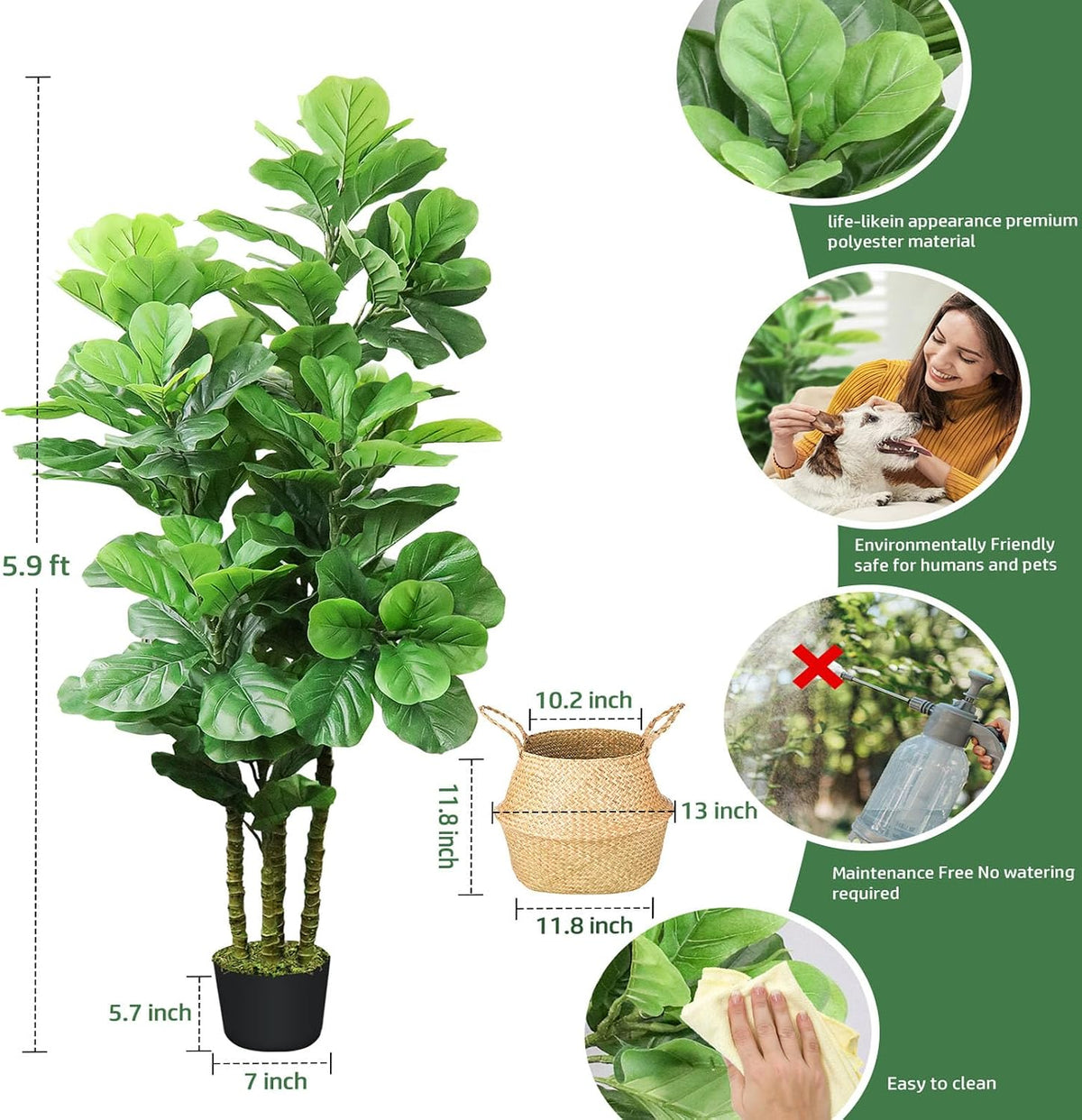 Artificial Fiddle Leaf Fig Tree,6 FT Tall Artificial Tree with Woven Seagrass Plant Basket Fake Floor Plant in Pot for Home Decor Living Room Indoor Outdoor Office Bedroom Decor