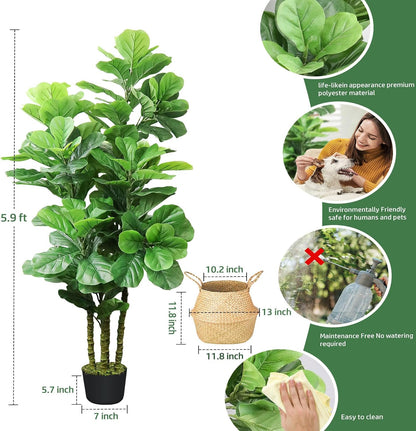 Artificial Fiddle Leaf Fig Tree,6 FT Tall Artificial Tree with Woven Seagrass Plant Basket Fake Floor Plant in Pot for Home Decor Living Room Indoor Outdoor Office Bedroom Decor