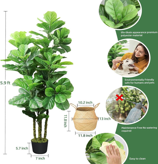 Artificial Fiddle Leaf Fig Tree,6 FT Tall Artificial Tree with Woven Seagrass Plant Basket Fake Floor Plant in Pot for Home Decor Living Room Indoor Outdoor Office Bedroom Decor