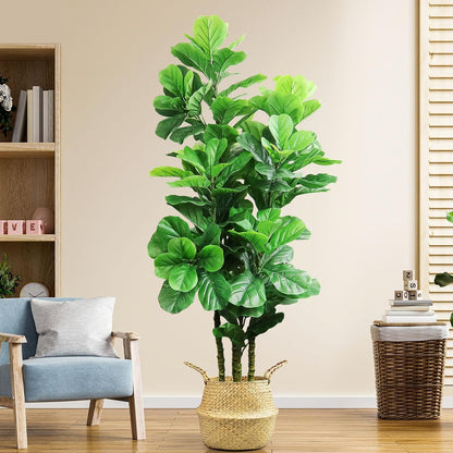 Artificial Fiddle Leaf Fig Tree,6 FT Tall Artificial Tree with Woven Seagrass Plant Basket Fake Floor Plant in Pot for Home Decor Living Room Indoor Outdoor Office Bedroom Decor