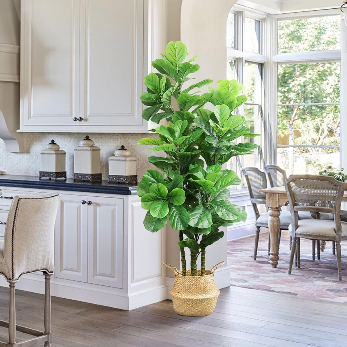 Artificial Fiddle Leaf Fig Tree,6 FT Tall Artificial Tree with Woven Seagrass Plant Basket Fake Floor Plant in Pot for Home Decor Living Room Indoor Outdoor Office Bedroom Decor