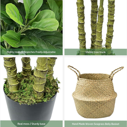 Artificial Fiddle Leaf Fig Tree,6 FT Tall Artificial Tree with Woven Seagrass Plant Basket Fake Floor Plant in Pot for Home Decor Living Room Indoor Outdoor Office Bedroom Decor