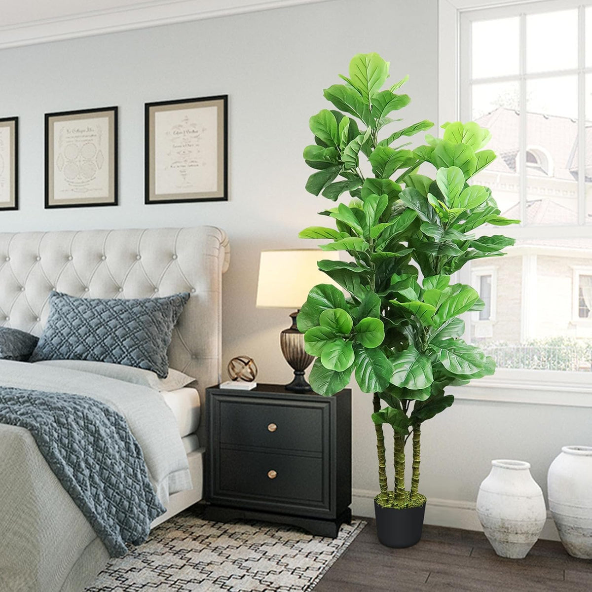 Artificial Fiddle Leaf Fig Tree,6 FT Tall Artificial Tree with Woven Seagrass Plant Basket Fake Floor Plant in Pot for Home Decor Living Room Indoor Outdoor Office Bedroom Decor