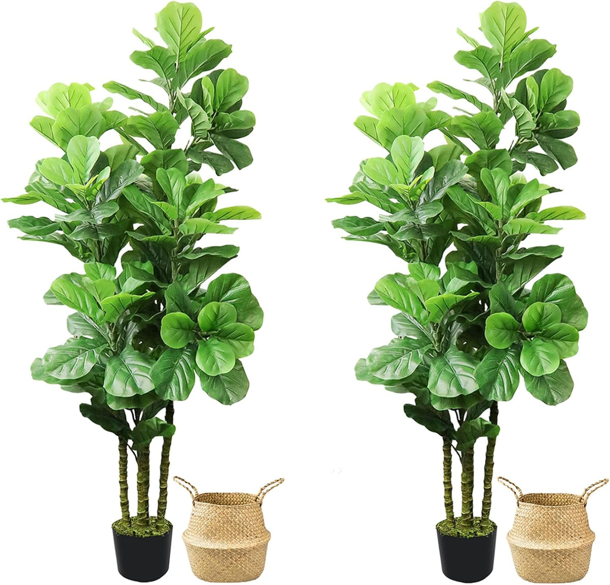 Artificial Fiddle Leaf Fig Tree,6 FT Tall Artificial Tree with Woven Seagrass Plant Basket Fake Floor Plant in Pot for Home Decor Living Room Indoor Outdoor Office Bedroom Decor