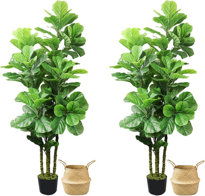 Artificial Fiddle Leaf Fig Tree,6 FT Tall Artificial Tree with Woven Seagrass Plant Basket Fake Floor Plant in Pot for Home Decor Living Room Indoor Outdoor Office Bedroom Decor